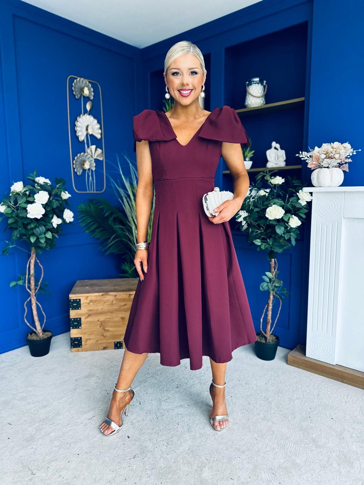 Matilda Bow Detail Occasion Dress Wine