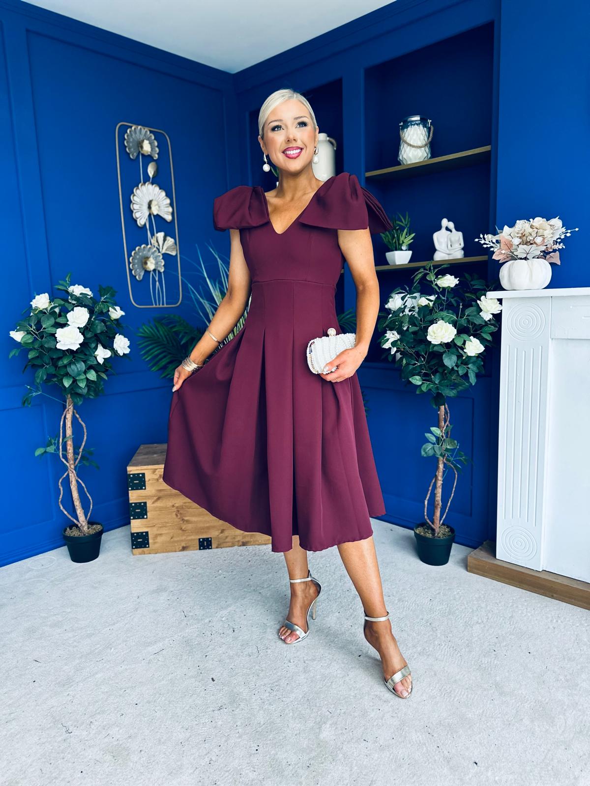 Matilda Bow Detail Occasion Dress Wine