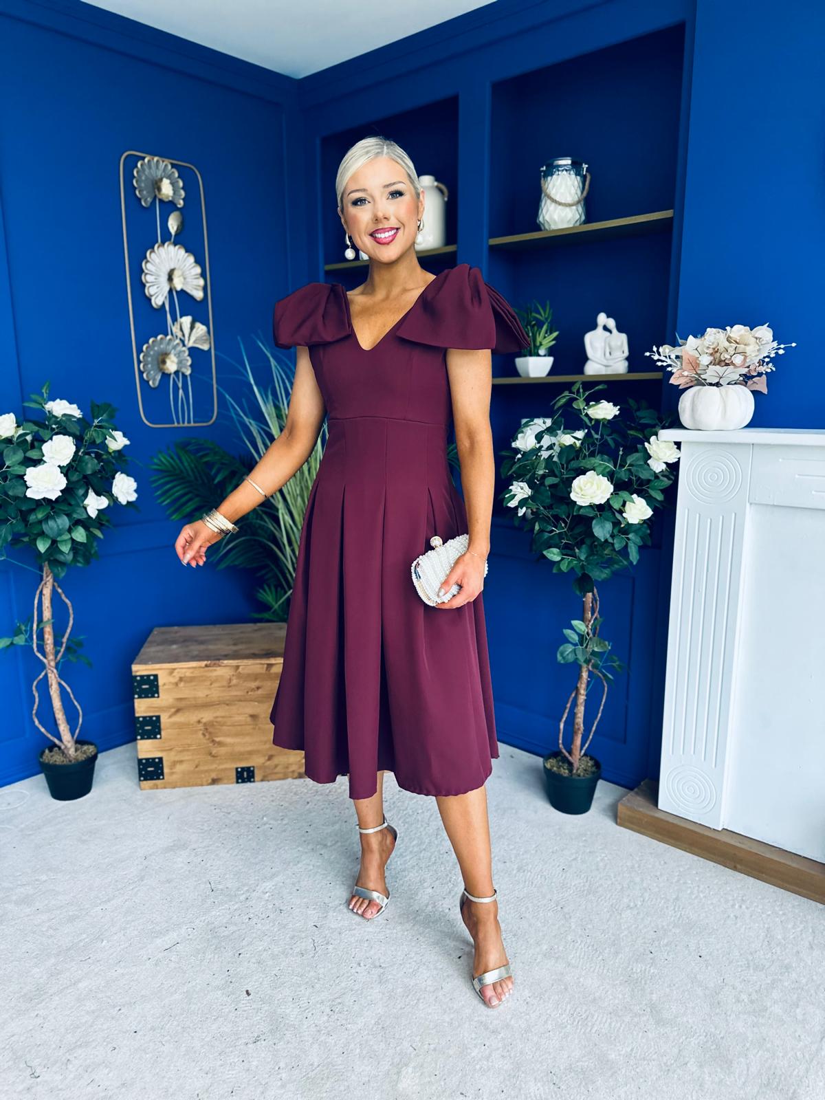 Matilda Bow Detail Occasion Dress Wine