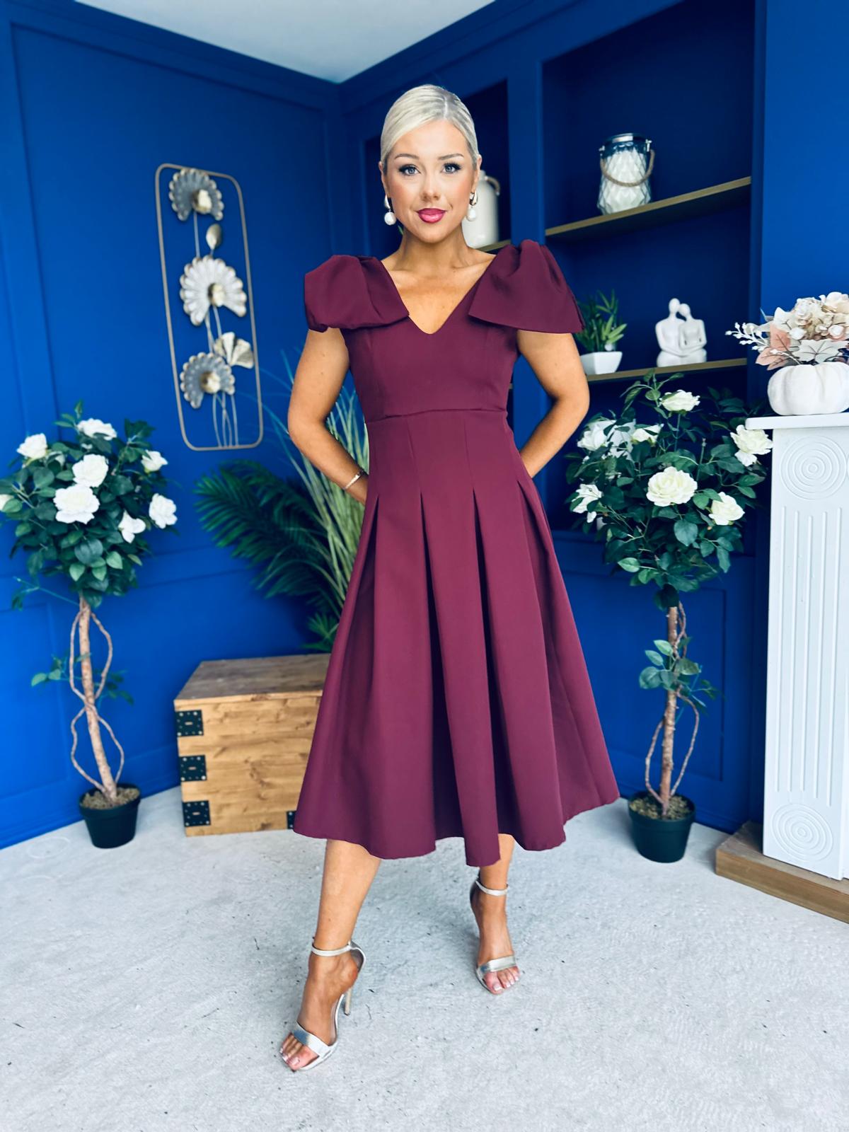 Matilda Bow Detail Occasion Dress Wine