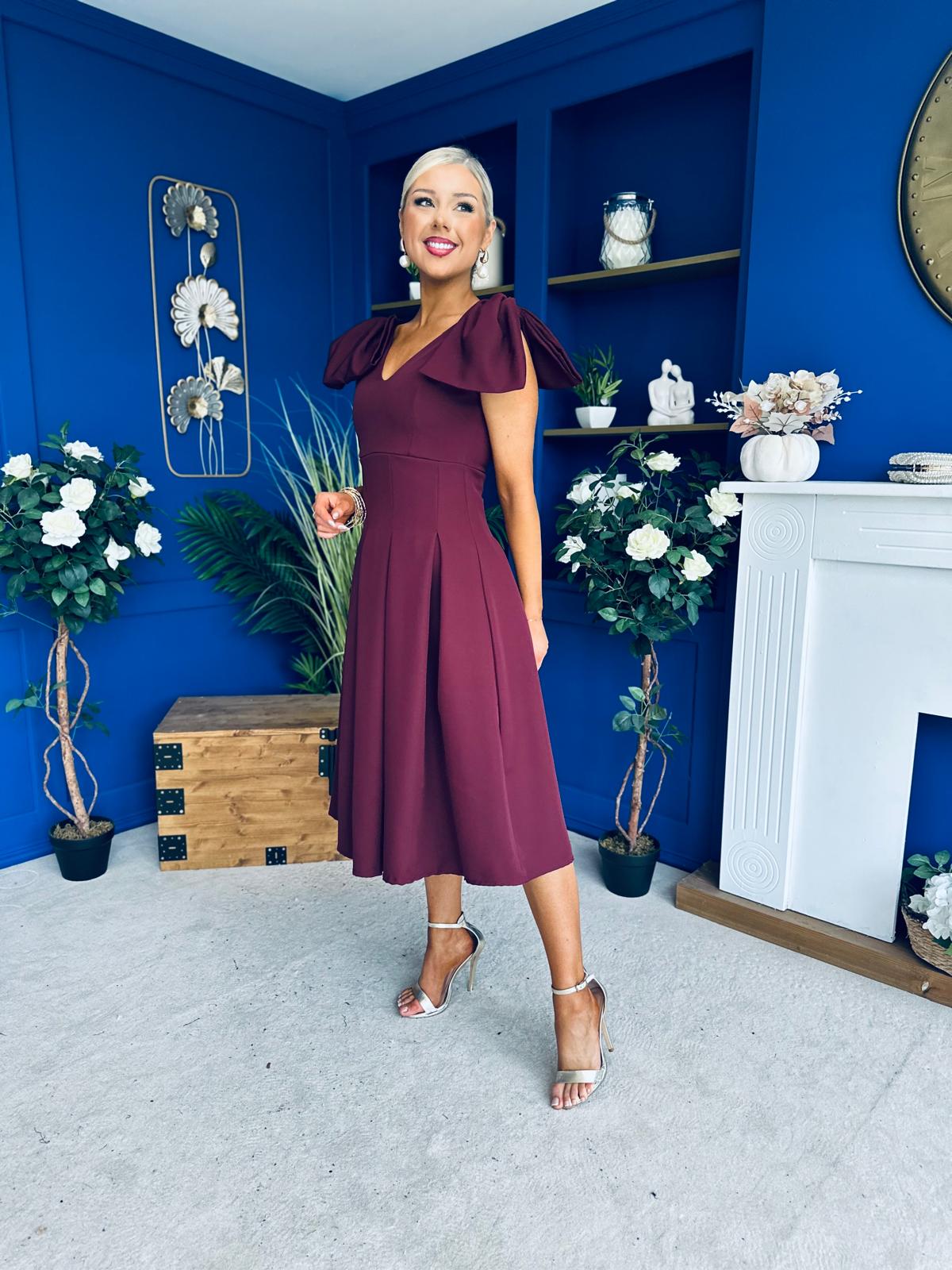 Matilda Bow Detail Occasion Dress Wine