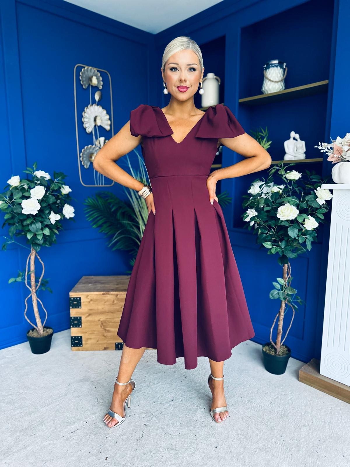 Matilda Bow Detail Occasion Dress Wine