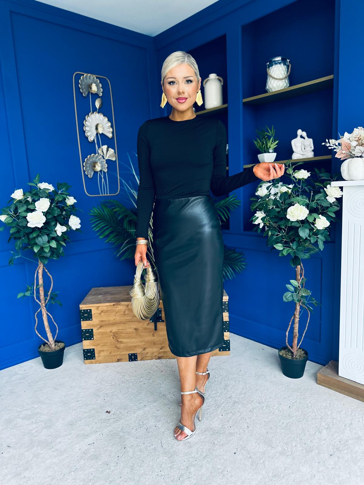 Jayne Faux Leather Long Sleeve Midi Dress Black