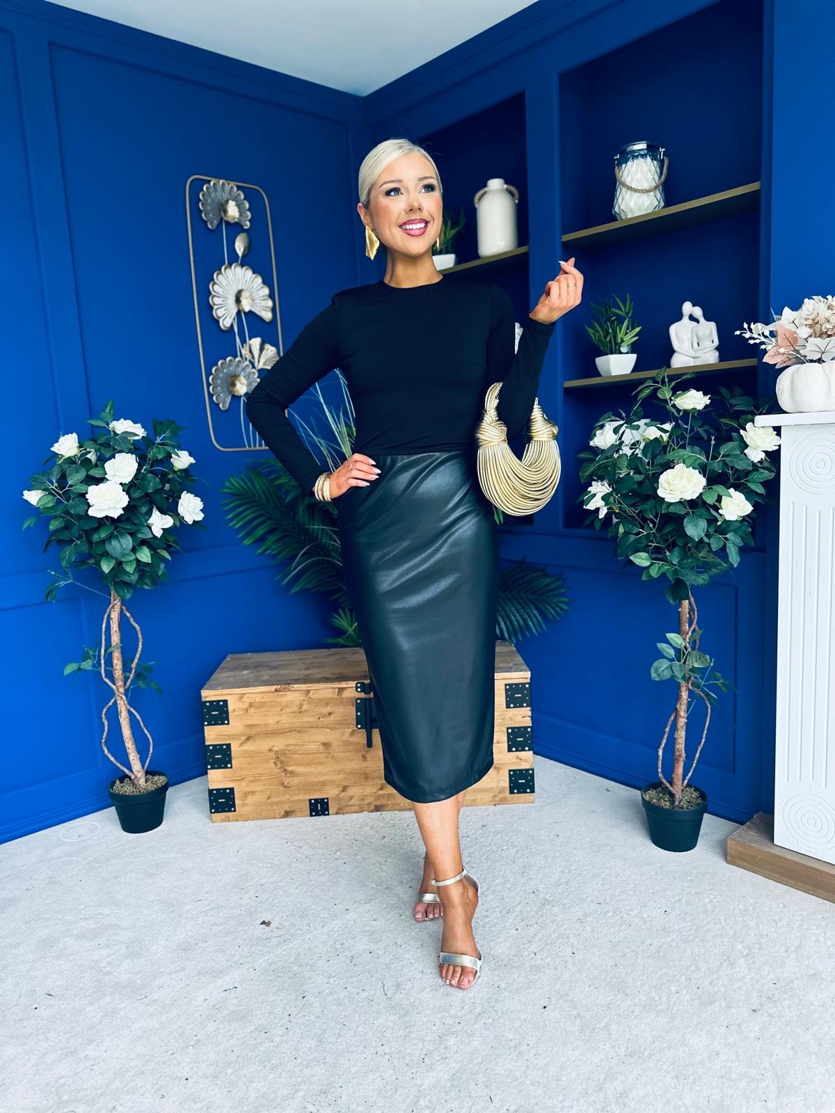 Jayne Faux Leather Long Sleeve Midi Dress Black