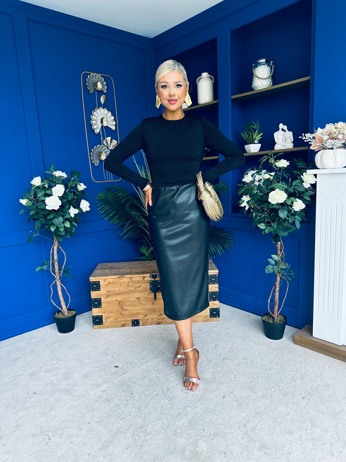 Jayne Faux Leather Long Sleeve Midi Dress Black