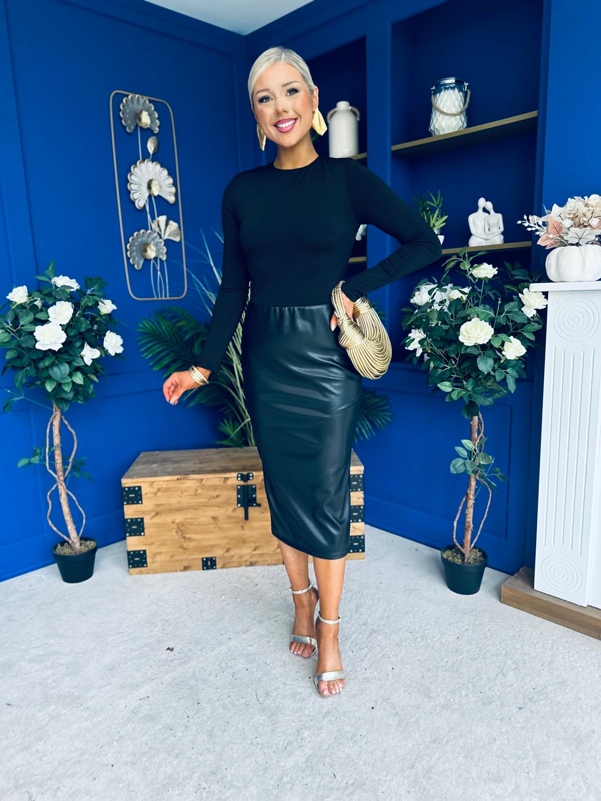 Jayne Faux Leather Long Sleeve Midi Dress Black