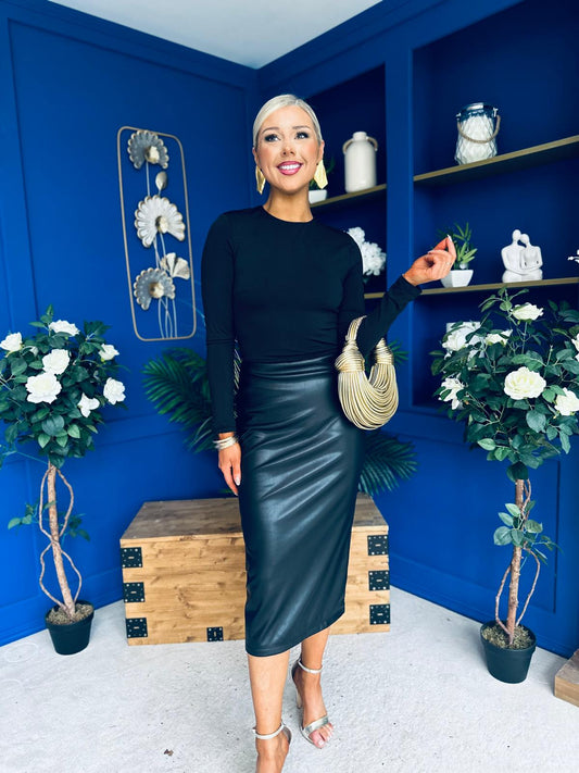 Jayne Faux Leather Long Sleeve Midi Dress Black