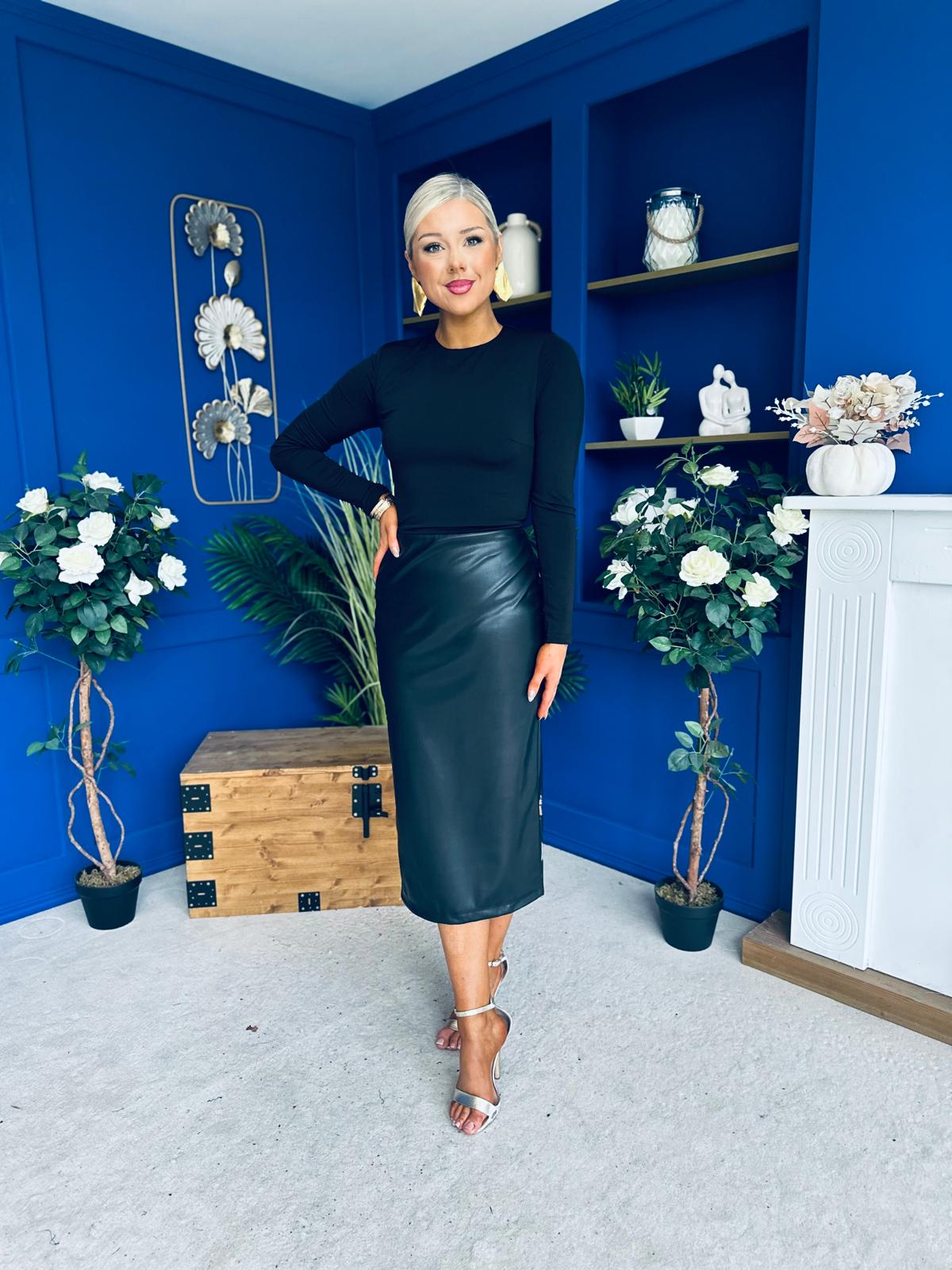 Jayne Faux Leather Long Sleeve Midi Dress Black