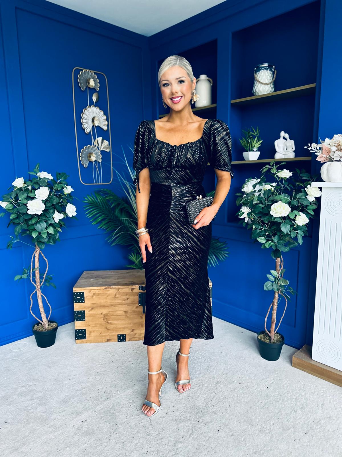 Dove Ruched Detail Velvet Midi Dress Black And Gold