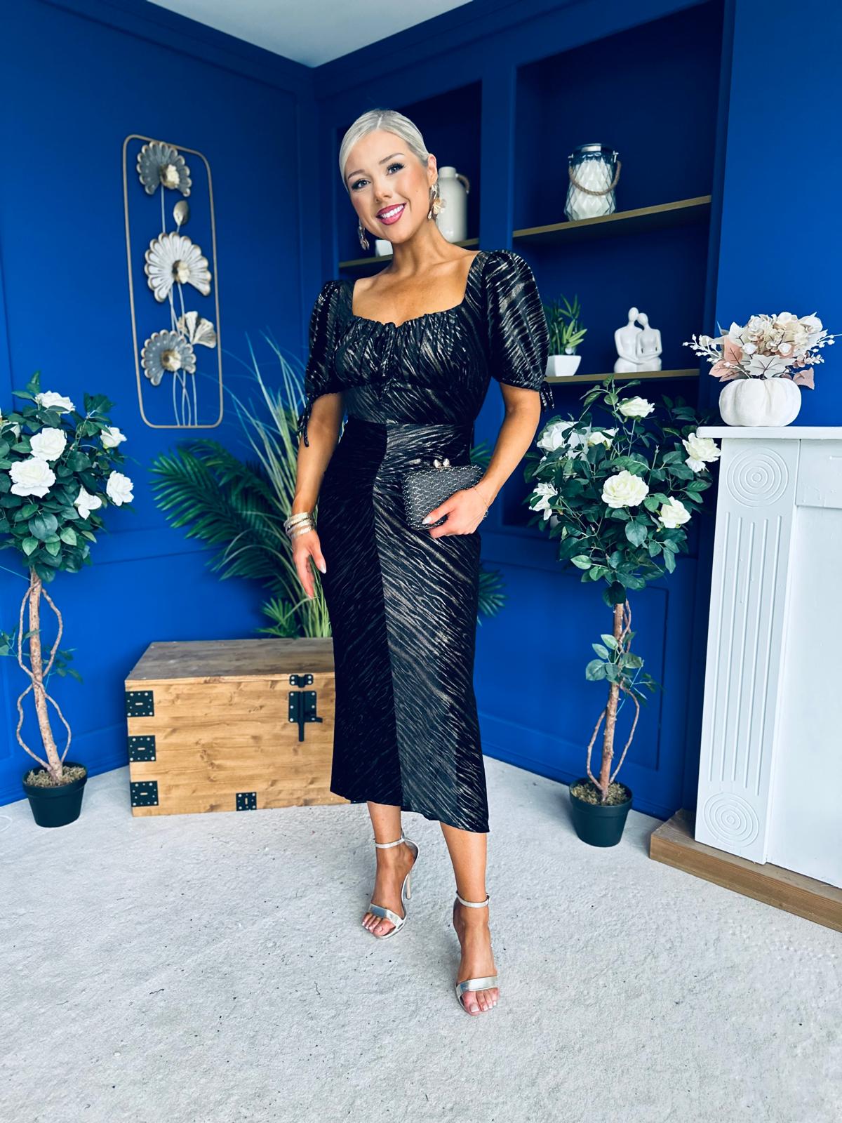 Dove Ruched Detail Velvet Midi Dress Black And Gold