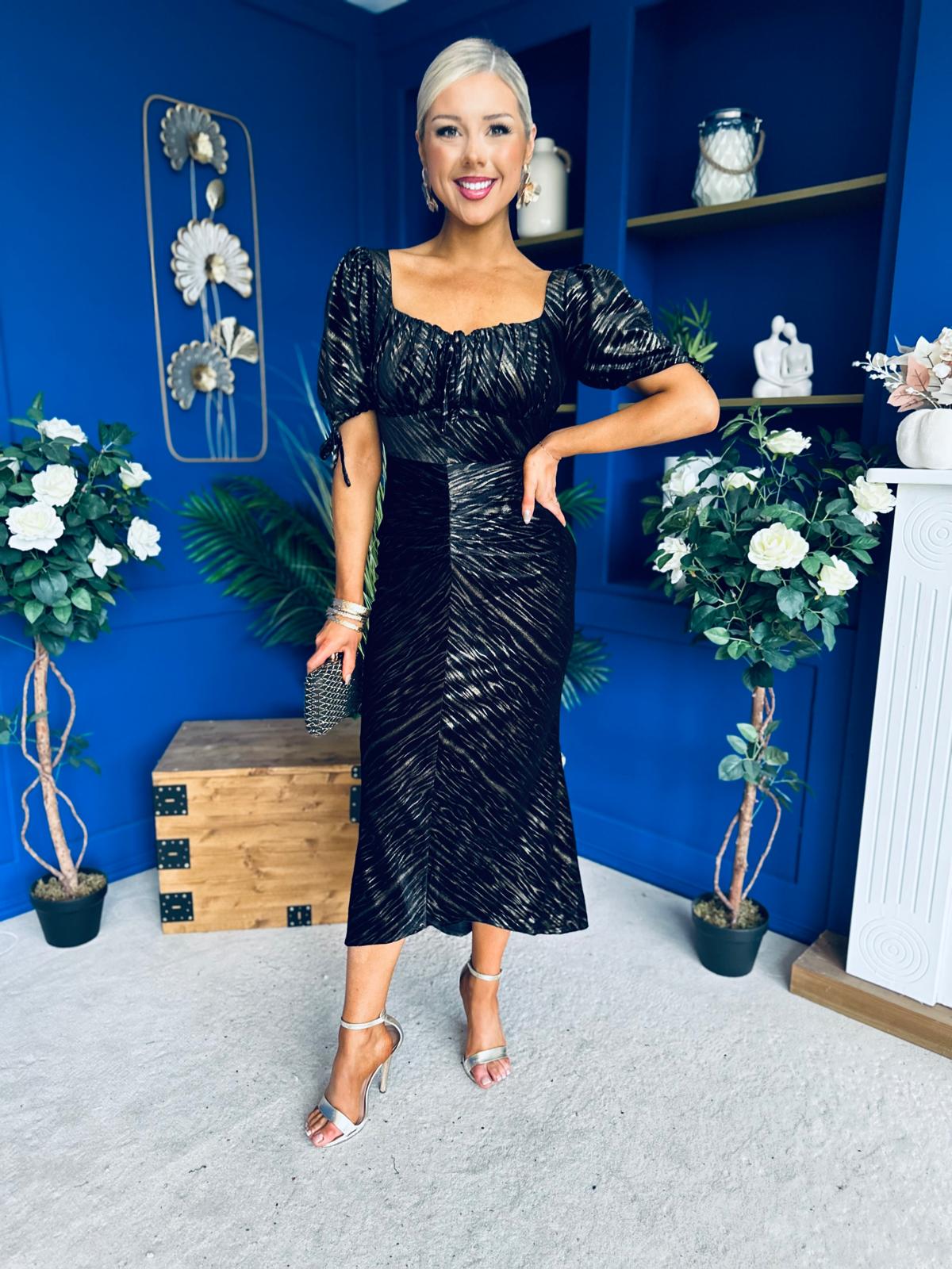 Dove Ruched Detail Velvet Midi Dress Black And Gold