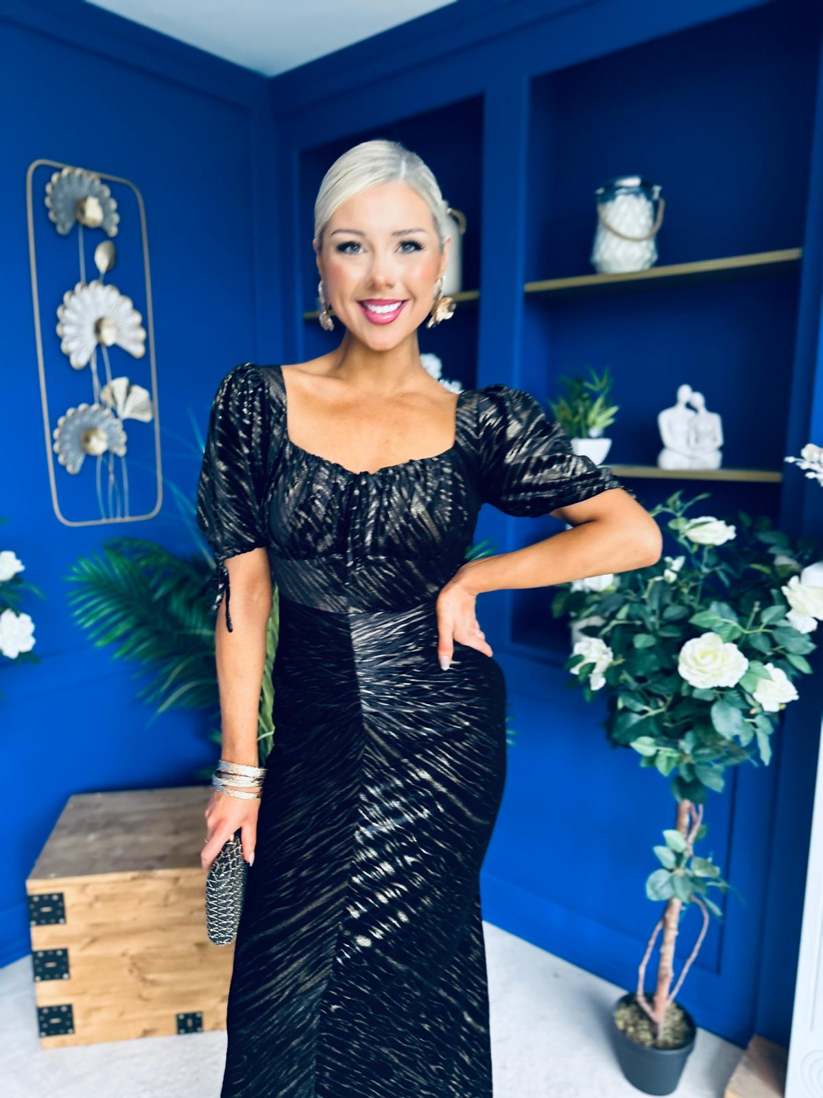 Dove Ruched Detail Velvet Midi Dress Black And Gold