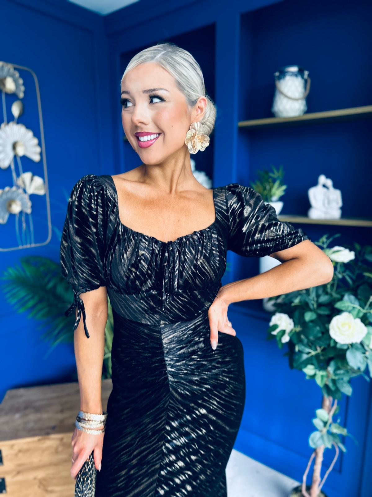 Dove Ruched Detail Velvet Midi Dress Black And Gold