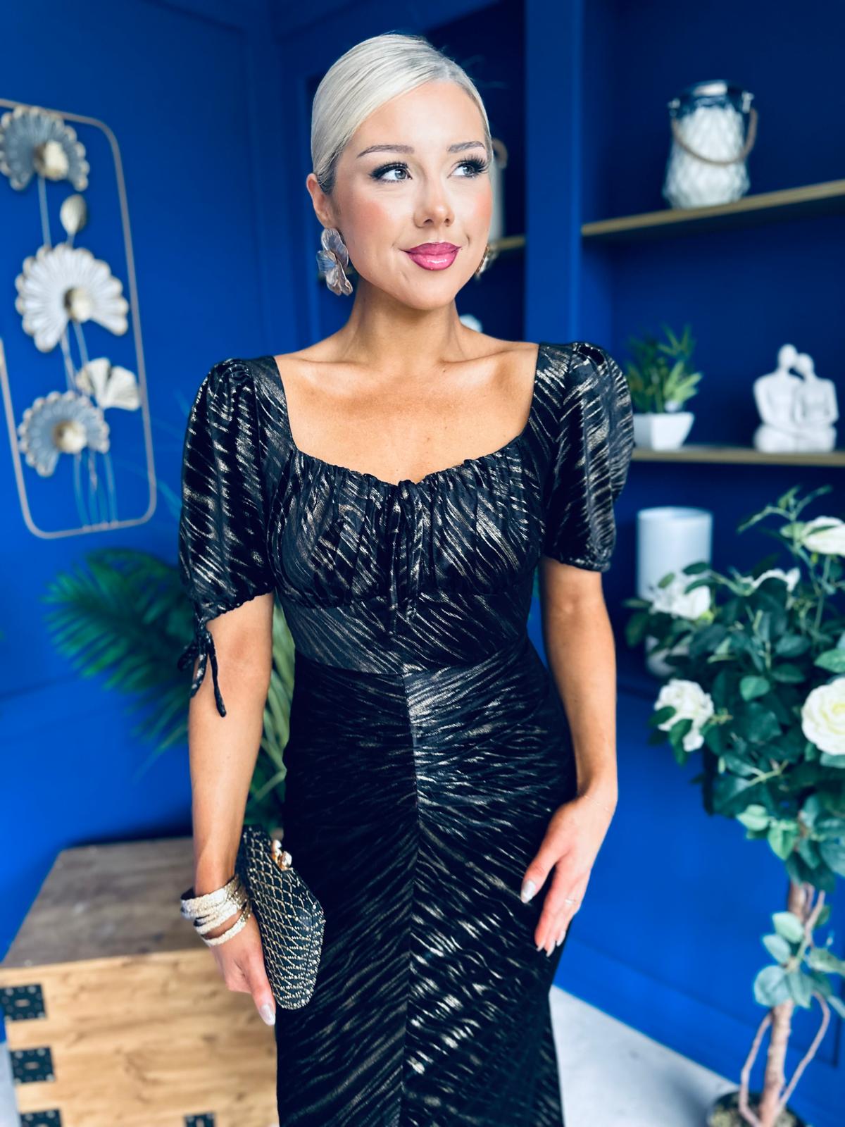 Dove Ruched Detail Velvet Midi Dress Black And Gold