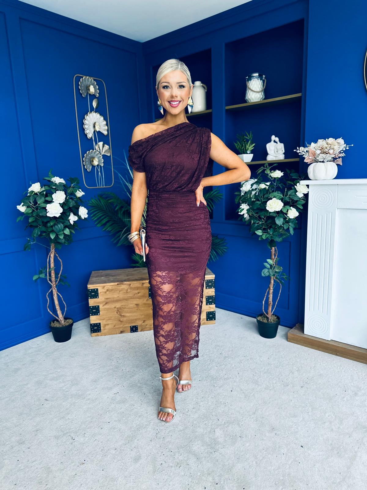 Sinita Lace Off The Shoulder Midi Dress Burgundy