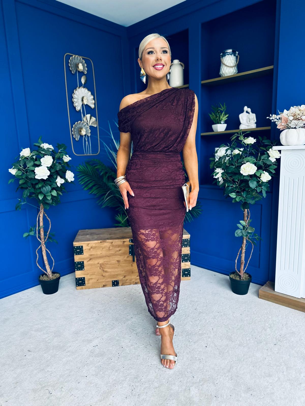 Sinita Lace Off The Shoulder Midi Dress Burgundy