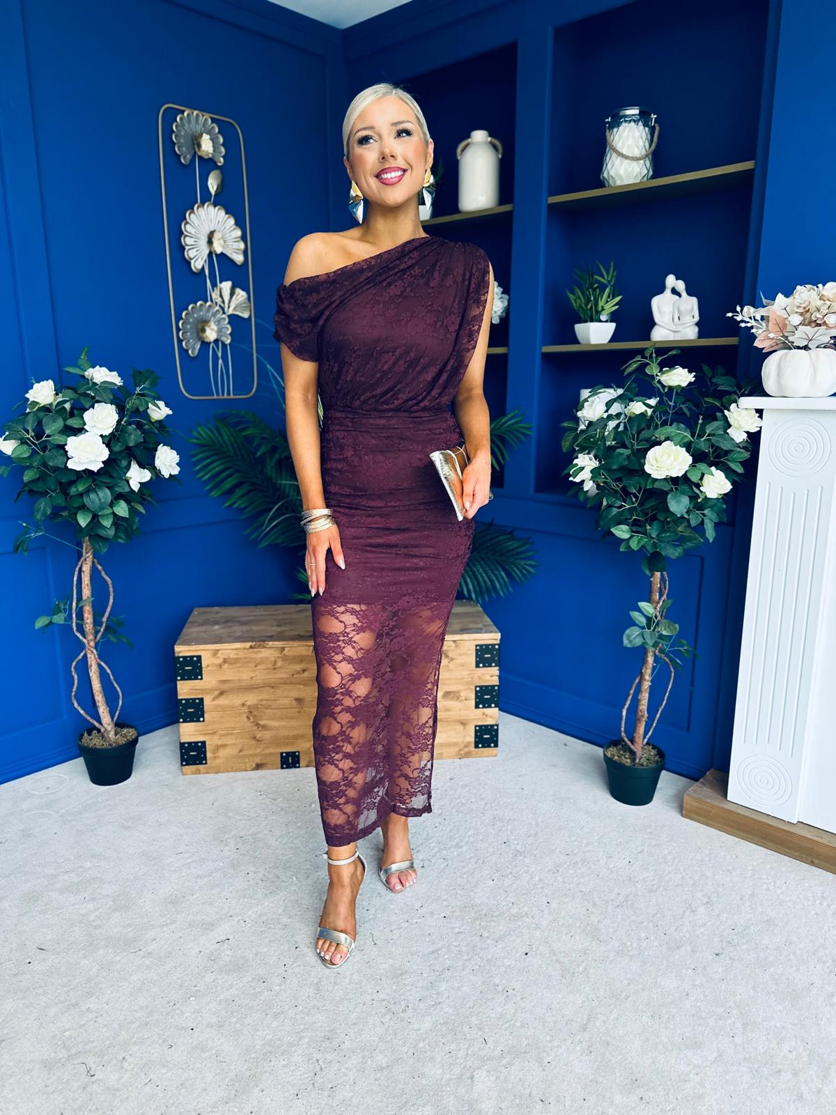 Sinita Lace Off The Shoulder Midi Dress Burgundy