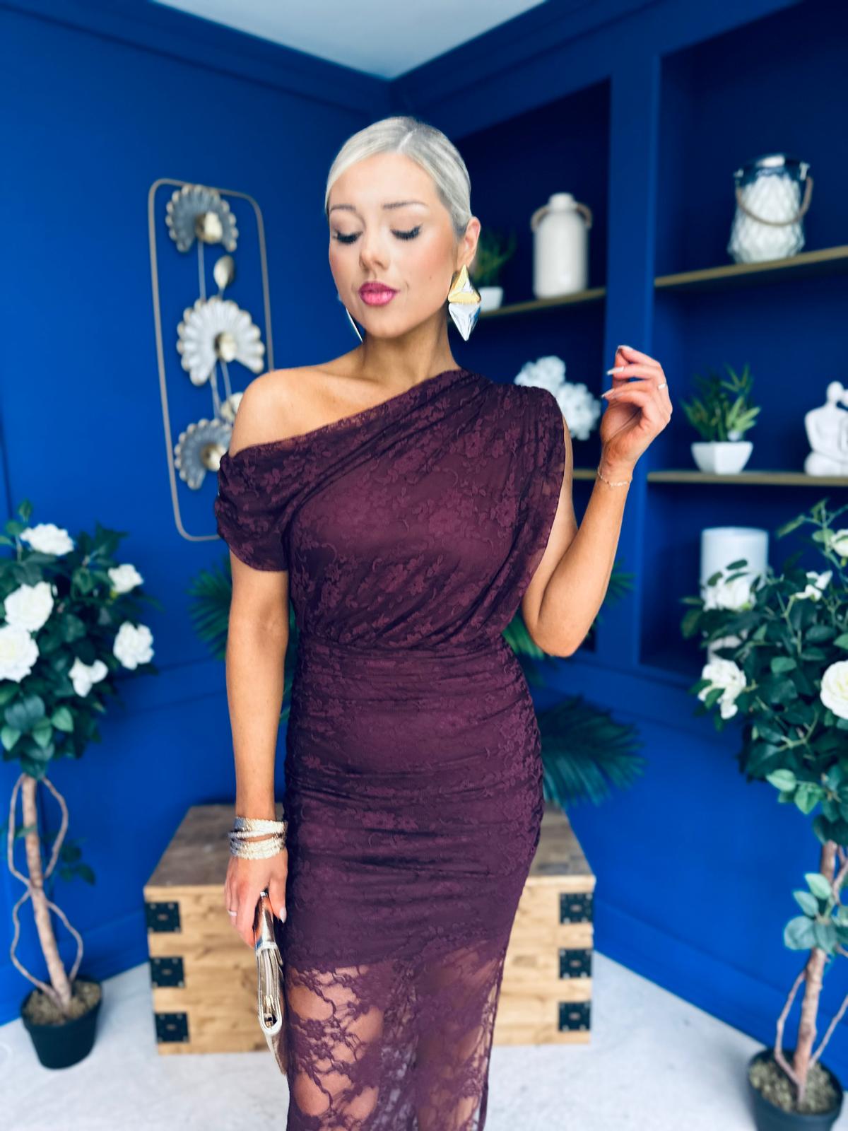 Sinita Lace Off The Shoulder Midi Dress Burgundy