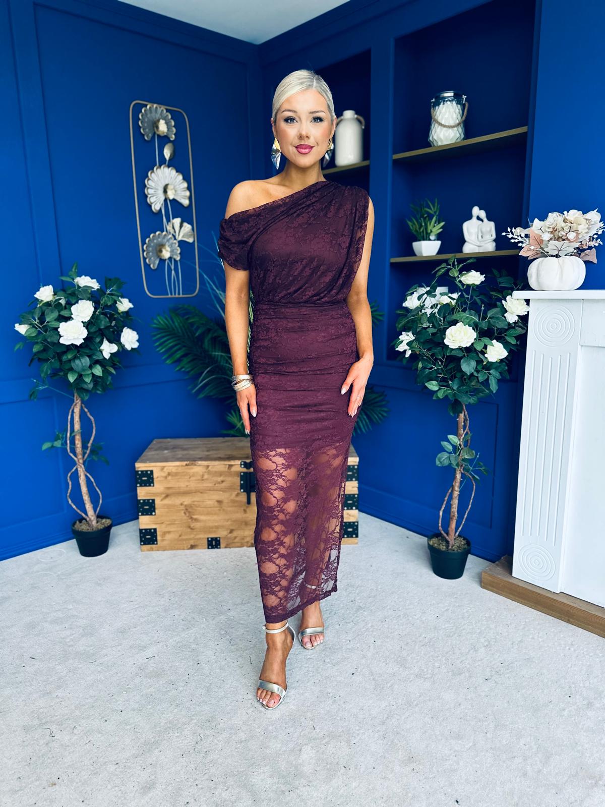 Sinita Lace Off The Shoulder Midi Dress Burgundy