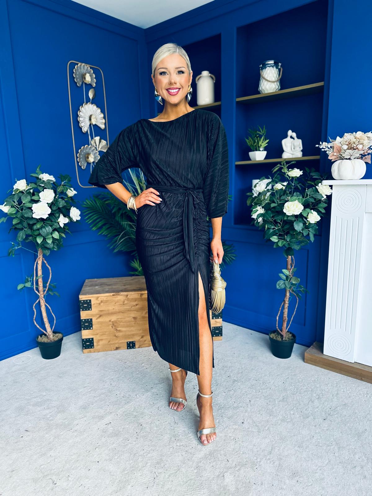 Vendy Off The Shoulder Ruched Detail Midi Dress Black