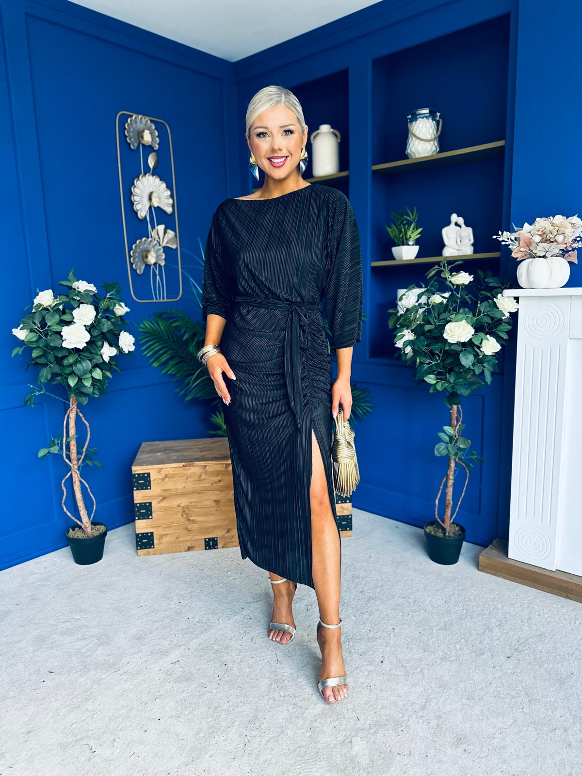 Vendy Off The Shoulder Ruched Detail Midi Dress Black