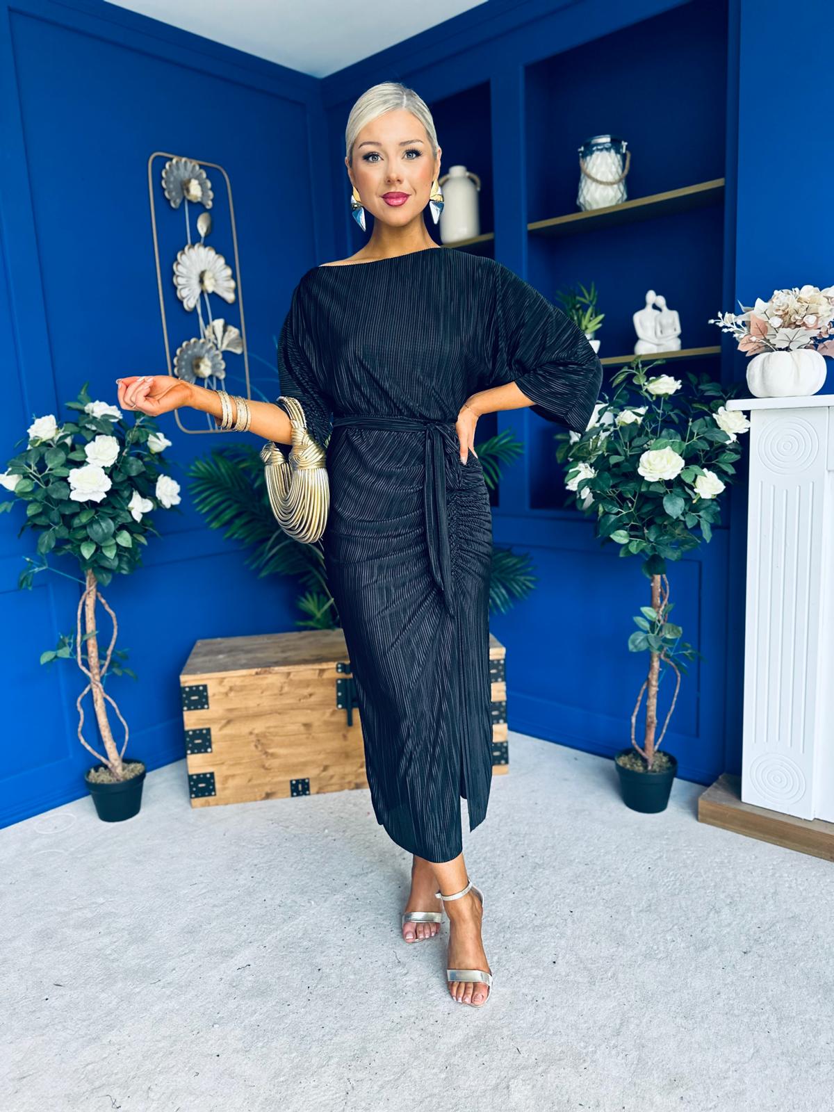 Vendy Off The Shoulder Ruched Detail Midi Dress Black