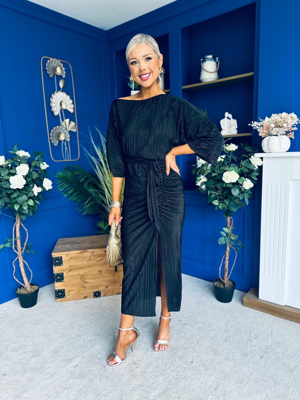 Vendy Off The Shoulder Ruched Detail Midi Dress Black