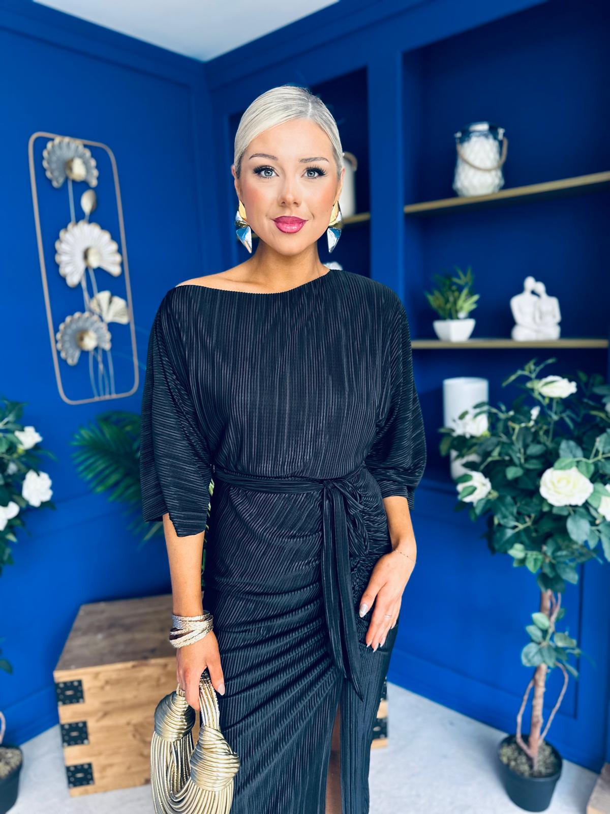 Vendy Off The Shoulder Ruched Detail Midi Dress Black