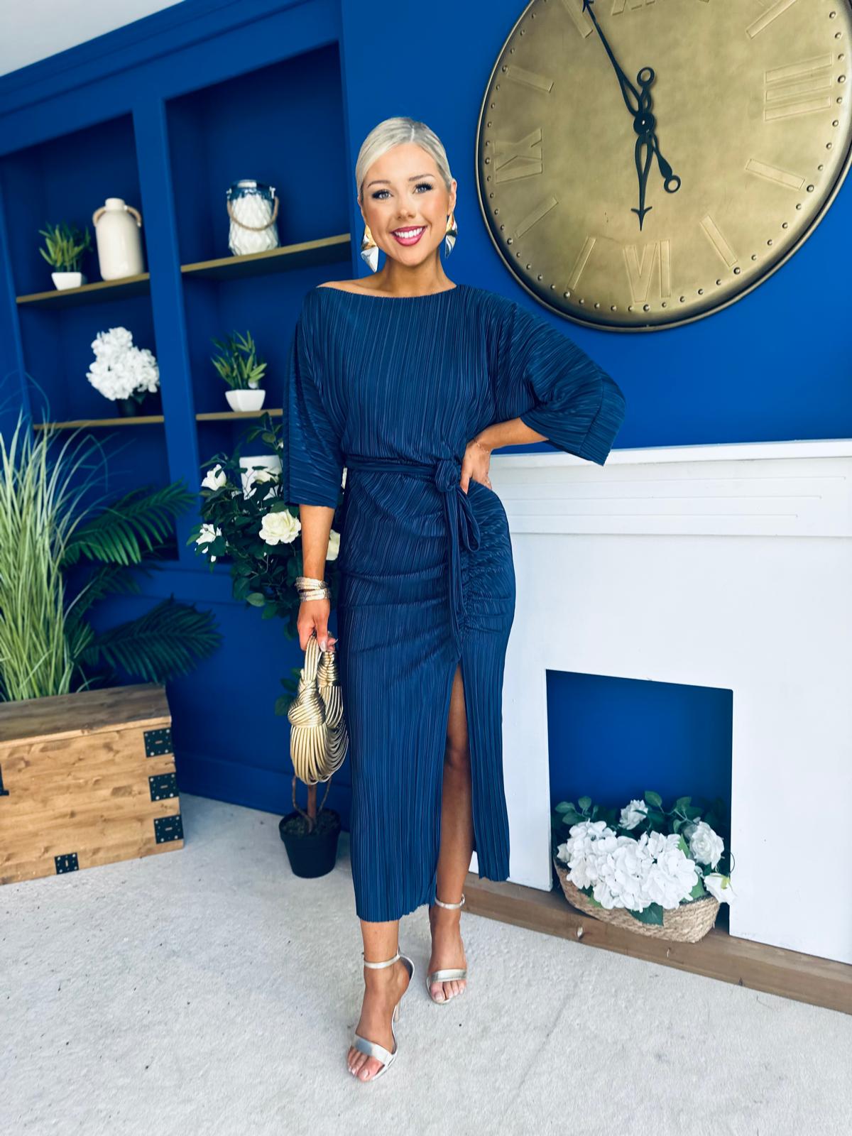 Vendy Off The Shoulder Ruched Detail Midi Dress Navy