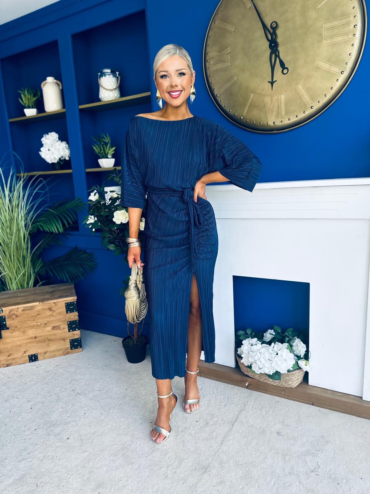 Vendy Off The Shoulder Ruched Detail Midi Dress Navy