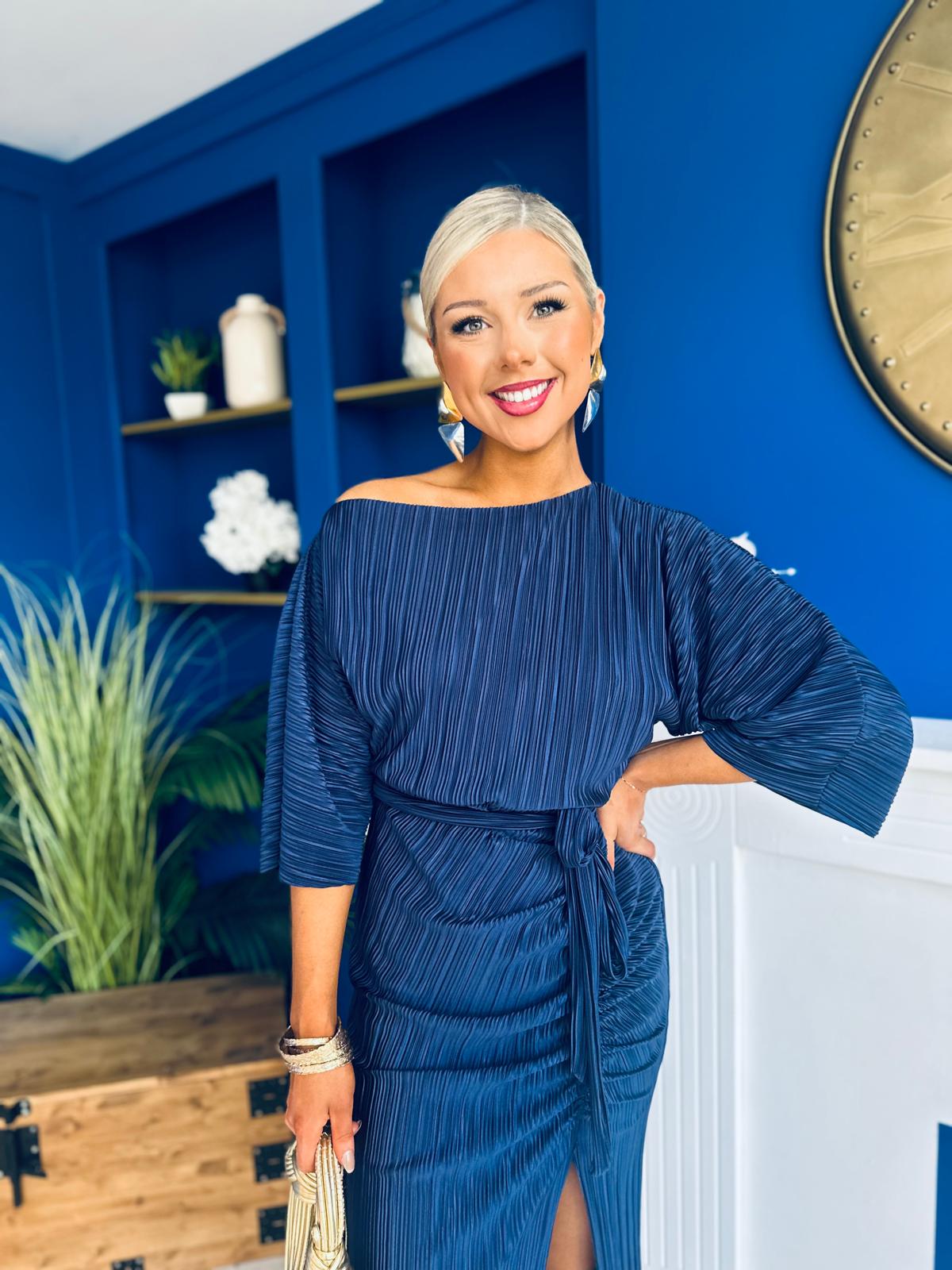 Vendy Off The Shoulder Ruched Detail Midi Dress Navy