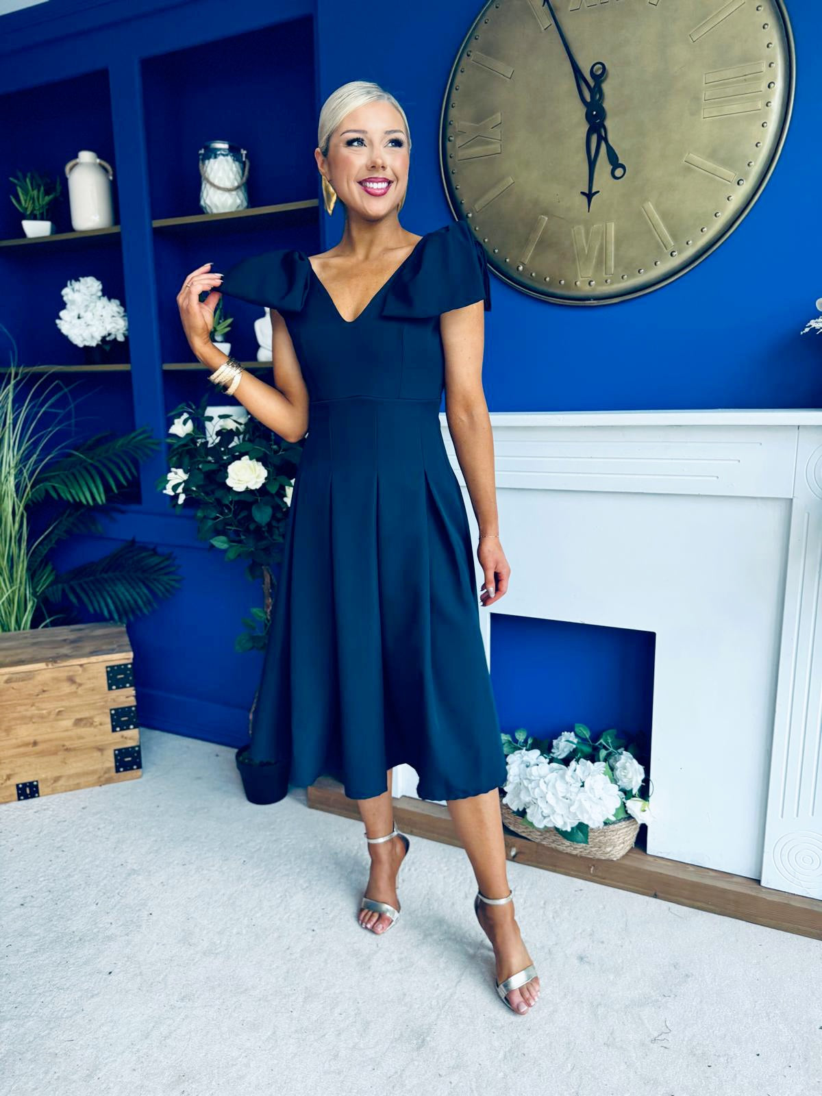 Matilda Bow Detail Occasion Dress Navy