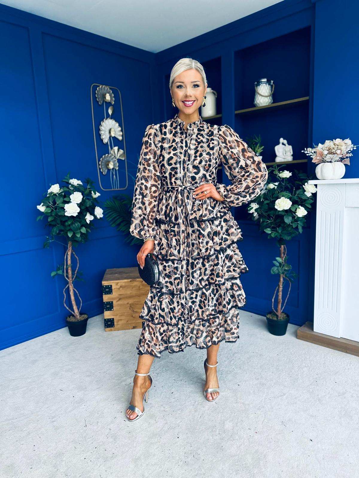 Arleen Crochet Trim Layered Skirt Midi Dress Leopard