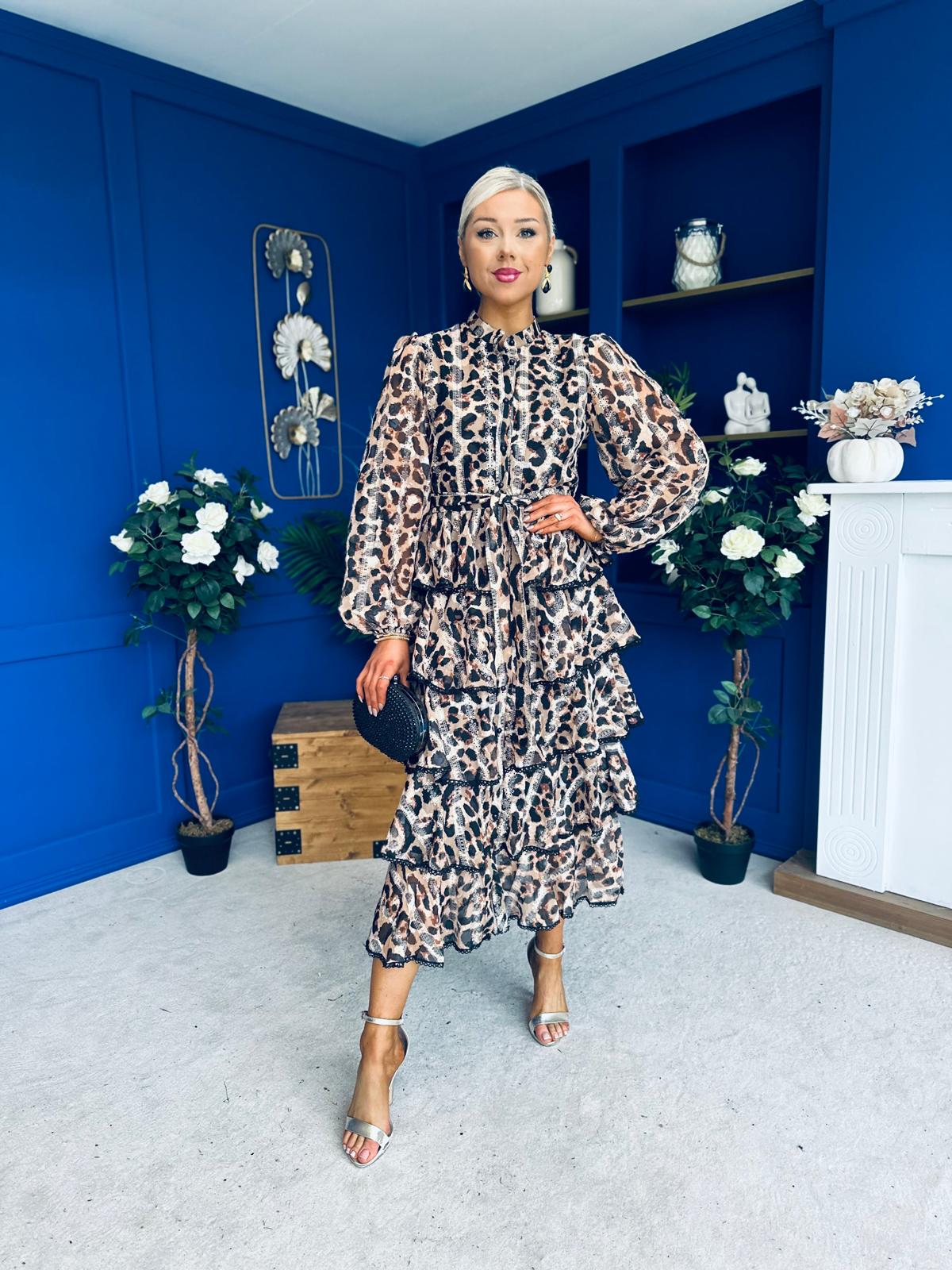 Arleen Crochet Trim Layered Skirt Midi Dress Leopard