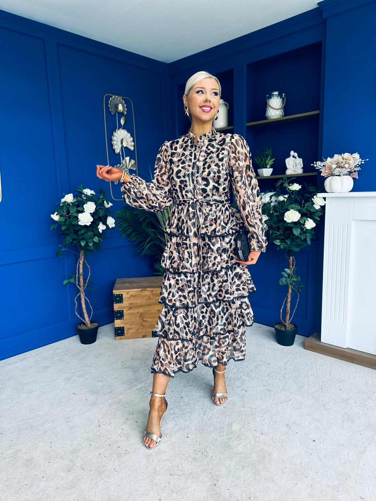 Arleen Crochet Trim Layered Skirt Midi Dress Leopard