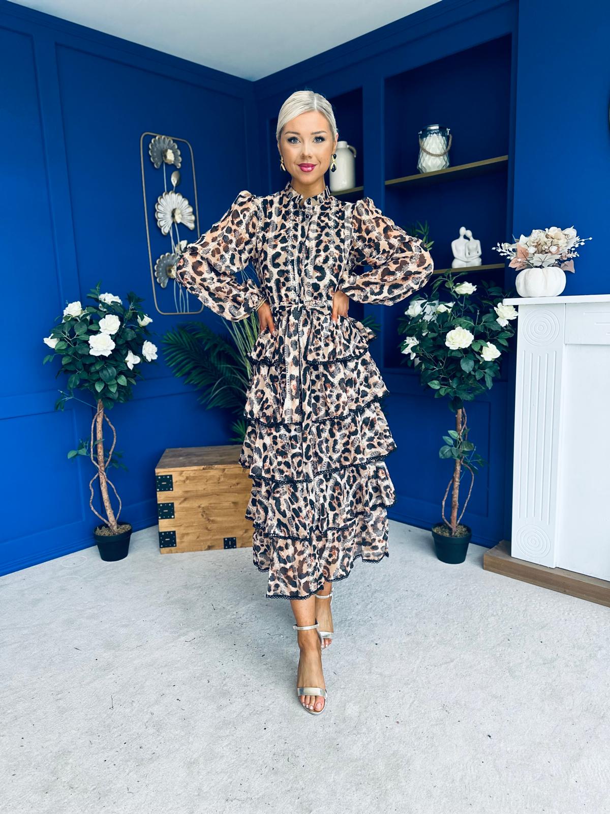 Arleen Crochet Trim Layered Skirt Midi Dress Leopard