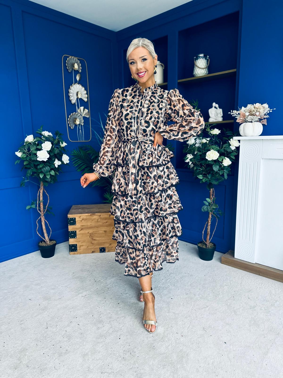 Arleen Crochet Trim Layered Skirt Midi Dress Leopard