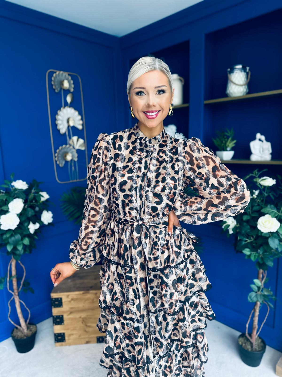 Arleen Crochet Trim Layered Skirt Midi Dress Leopard