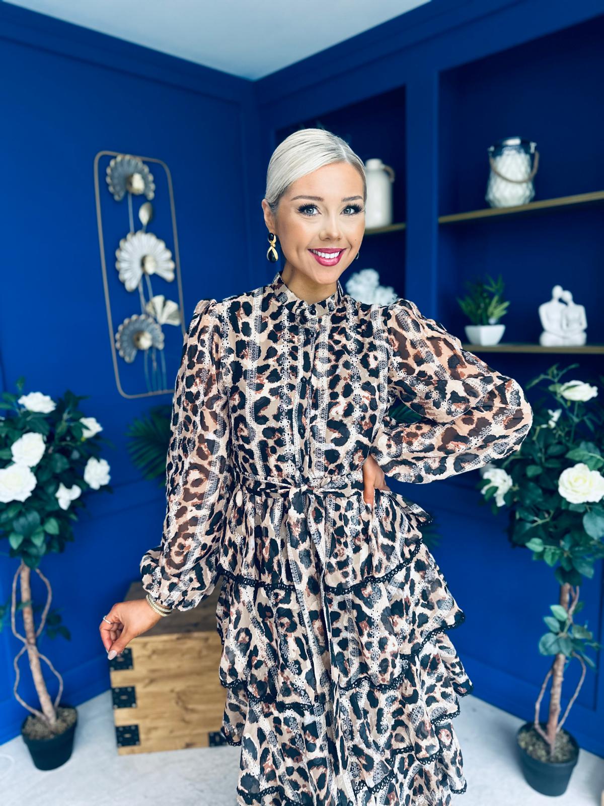 Arleen Crochet Trim Layered Skirt Midi Dress Leopard