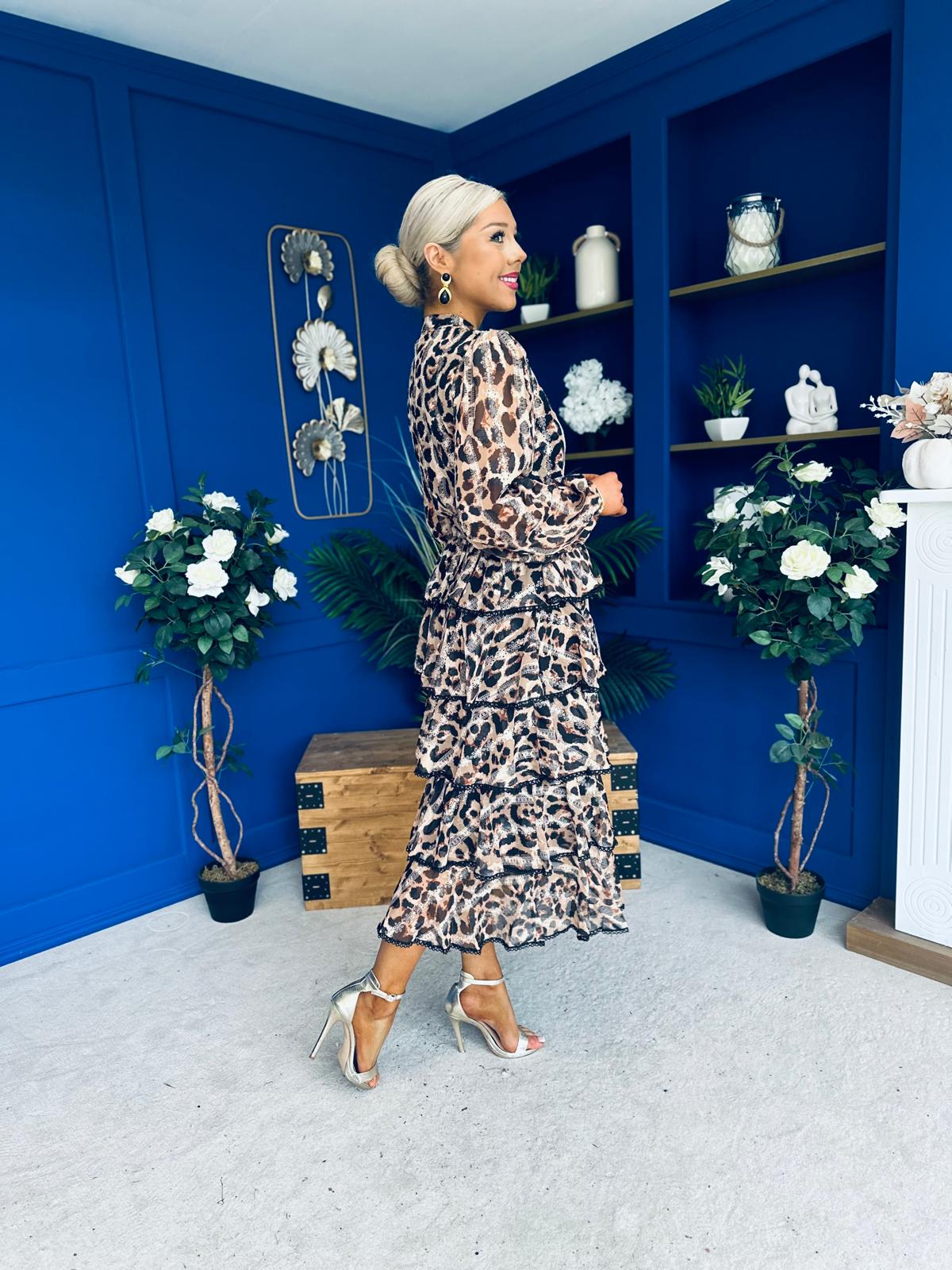 Arleen Crochet Trim Layered Skirt Midi Dress Leopard