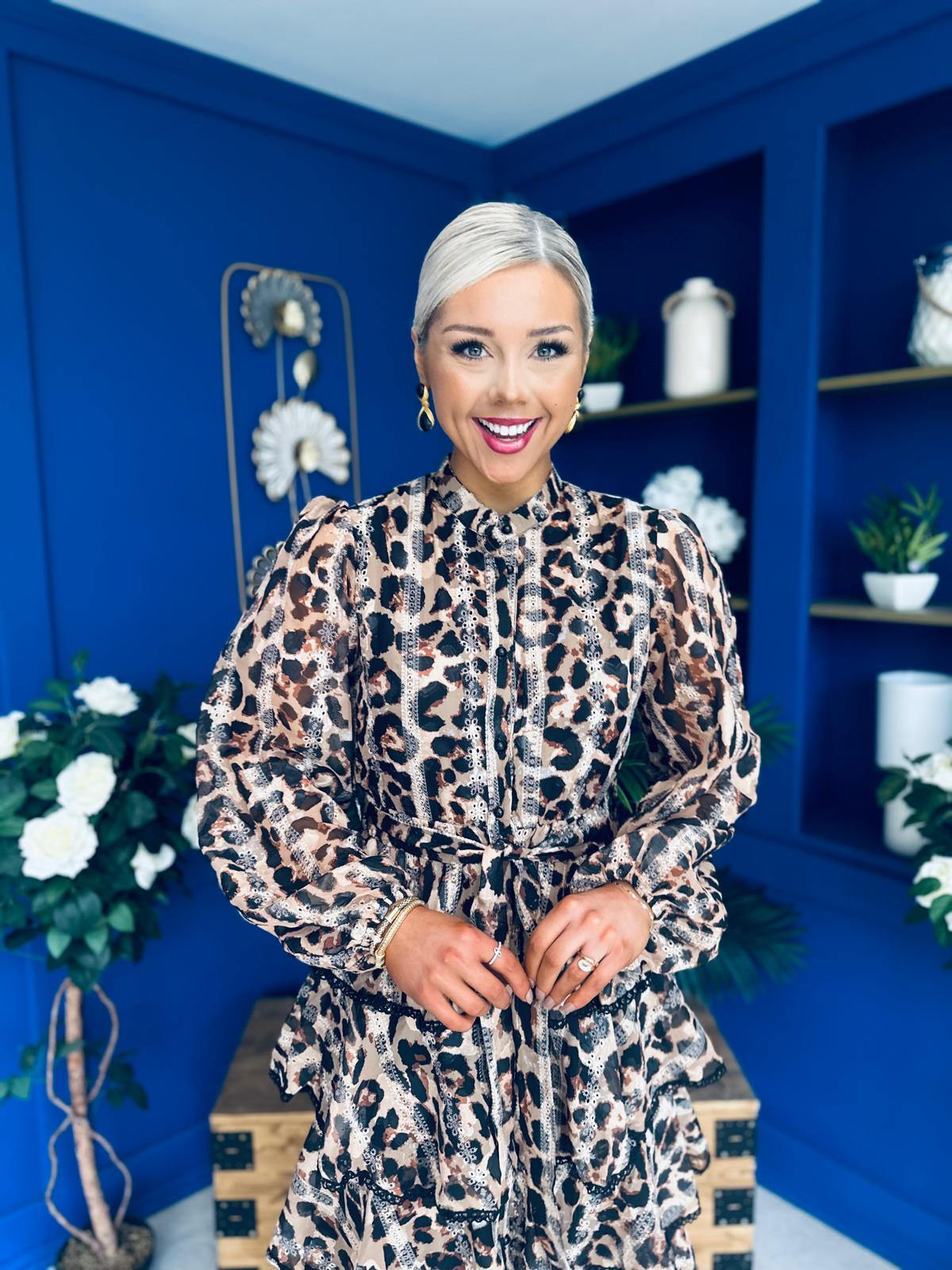 Arleen Crochet Trim Layered Skirt Midi Dress Leopard