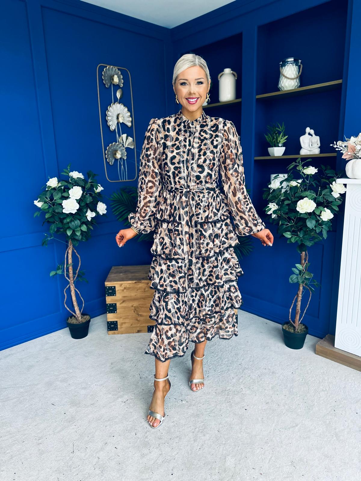 Arleen Crochet Trim Layered Skirt Midi Dress Leopard