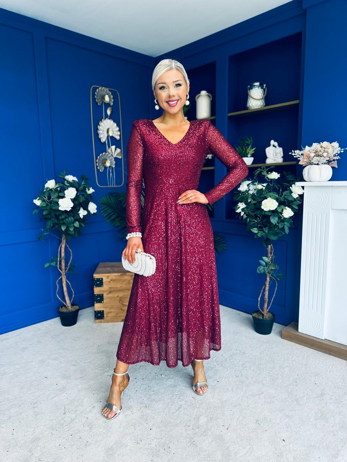 Emily Sequin Occasion Dress Burgundy