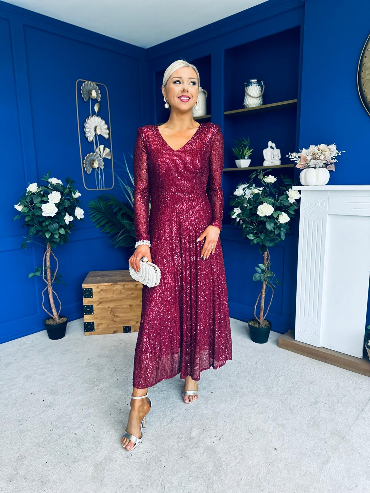 Emily Sequin Occasion Dress Burgundy