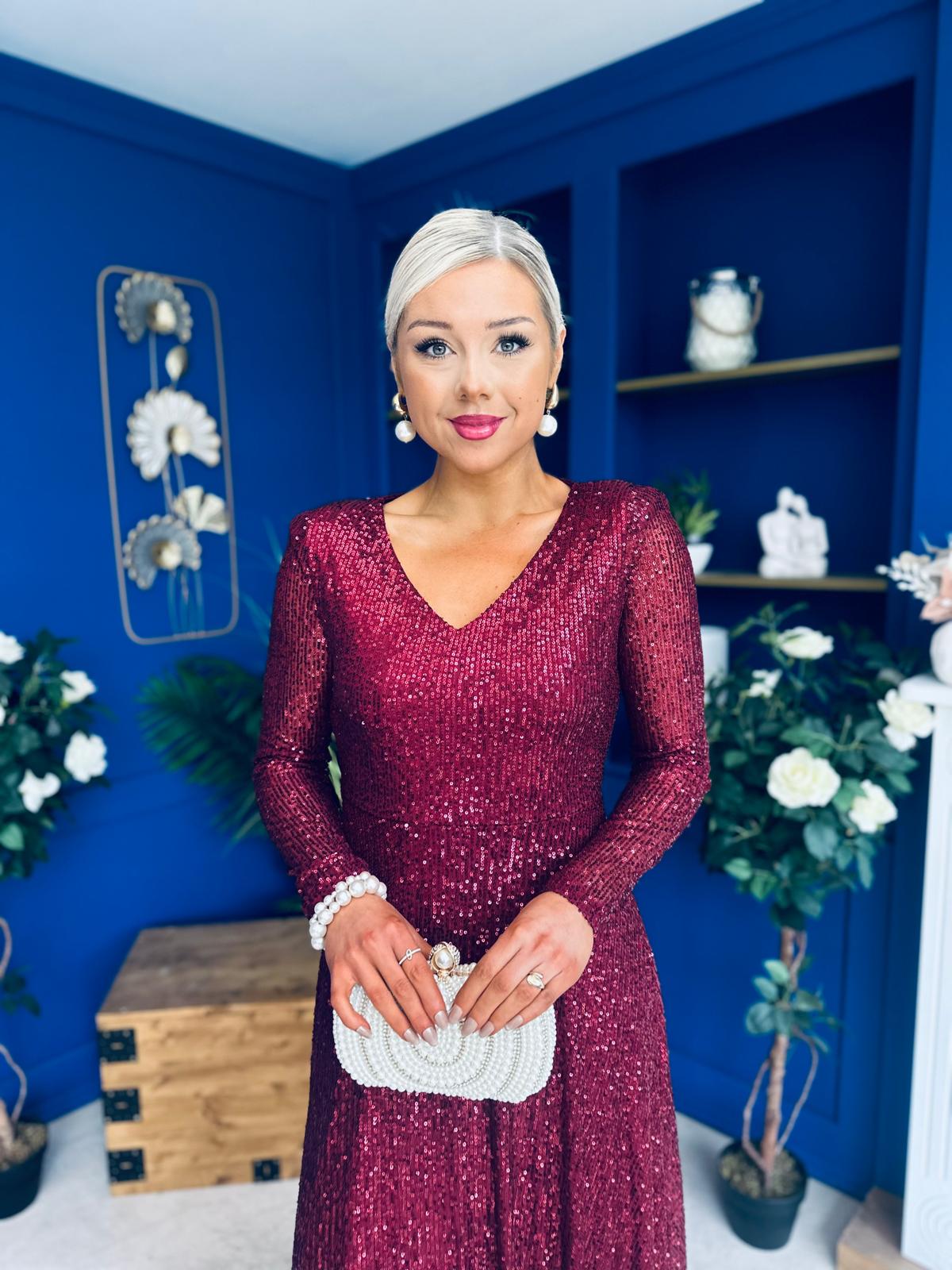 Emily Sequin Occasion Dress Burgundy