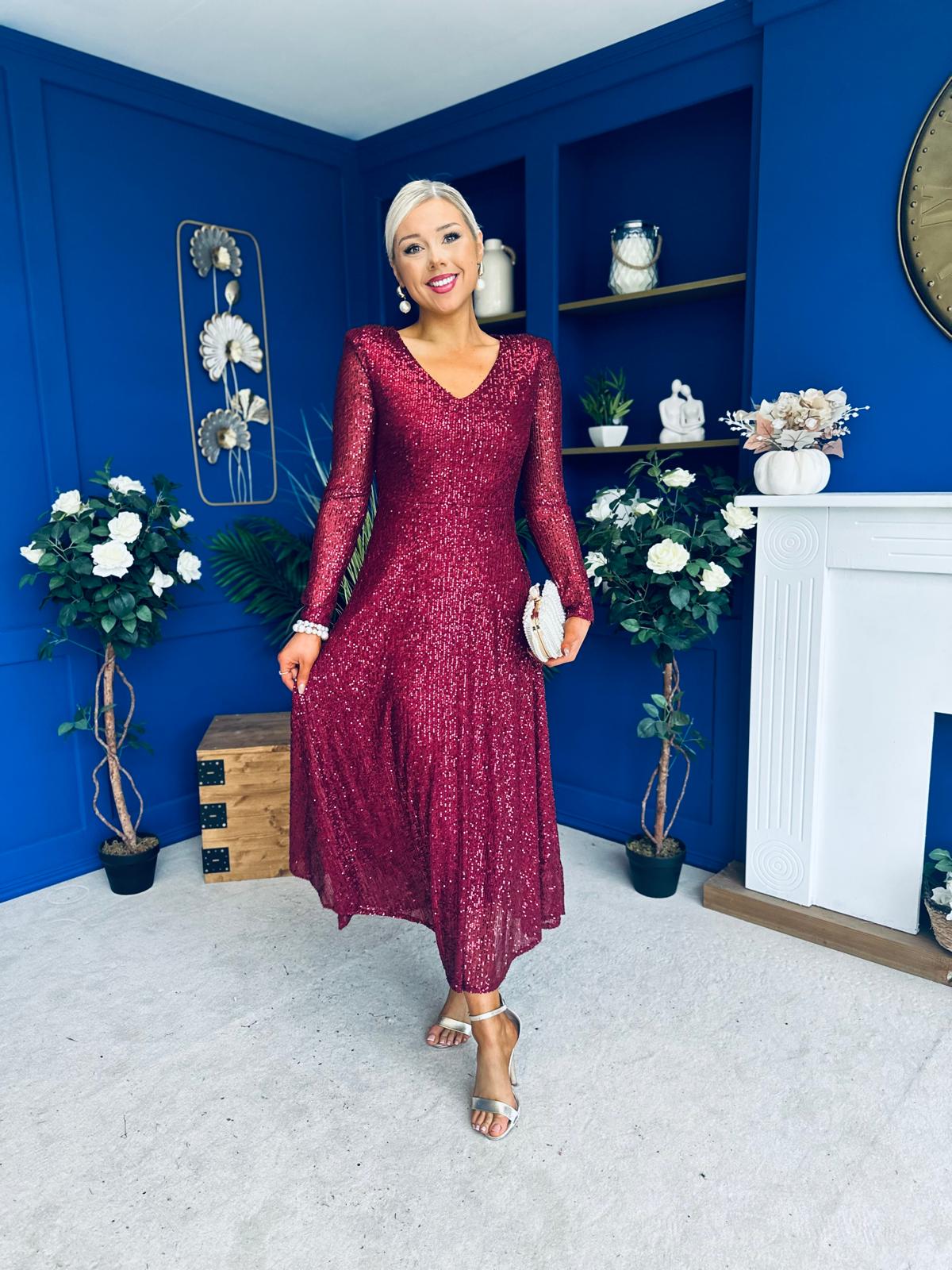 Emily Sequin Occasion Dress Burgundy