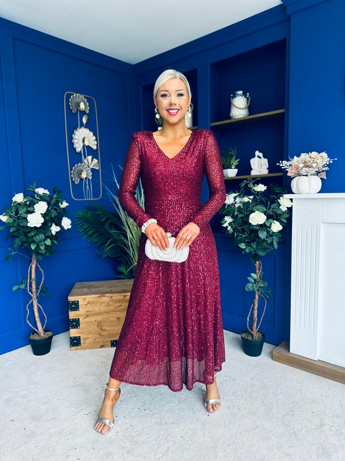 Emily Sequin Occasion Dress Burgundy