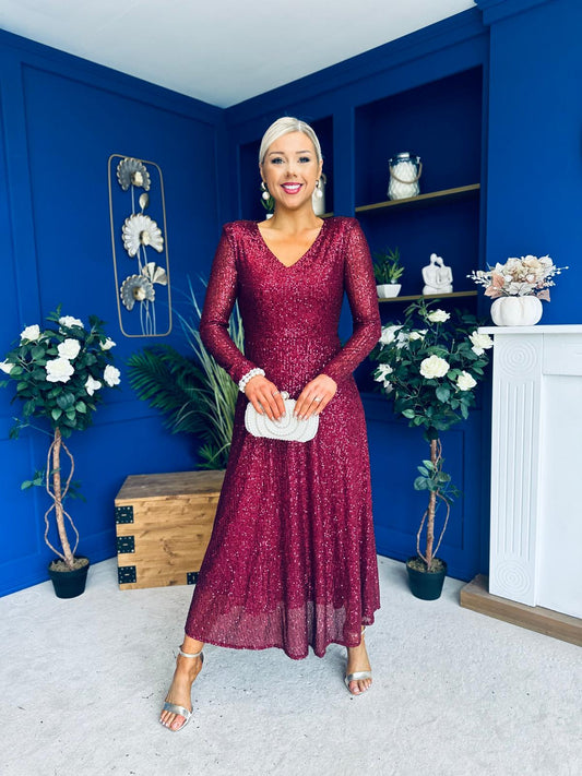 Emily Sequin Occasion Dress Burgundy