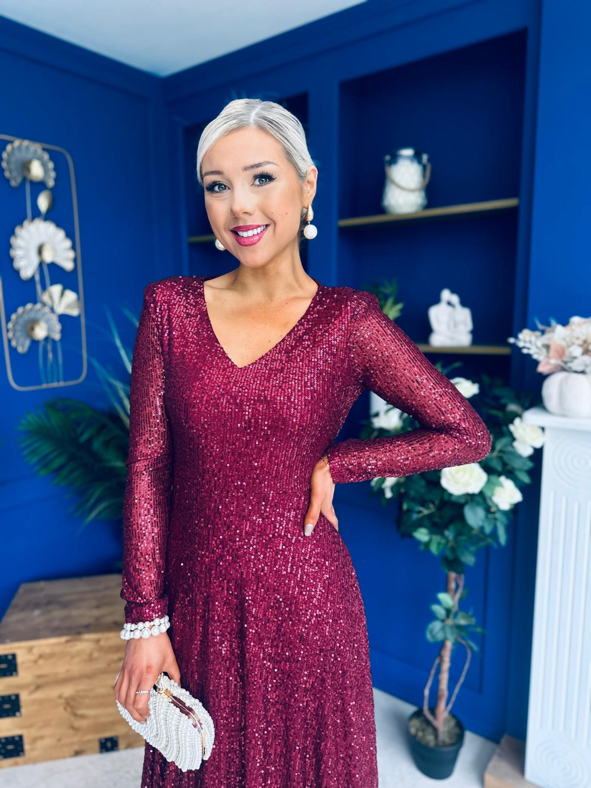 Emily Sequin Occasion Dress Burgundy