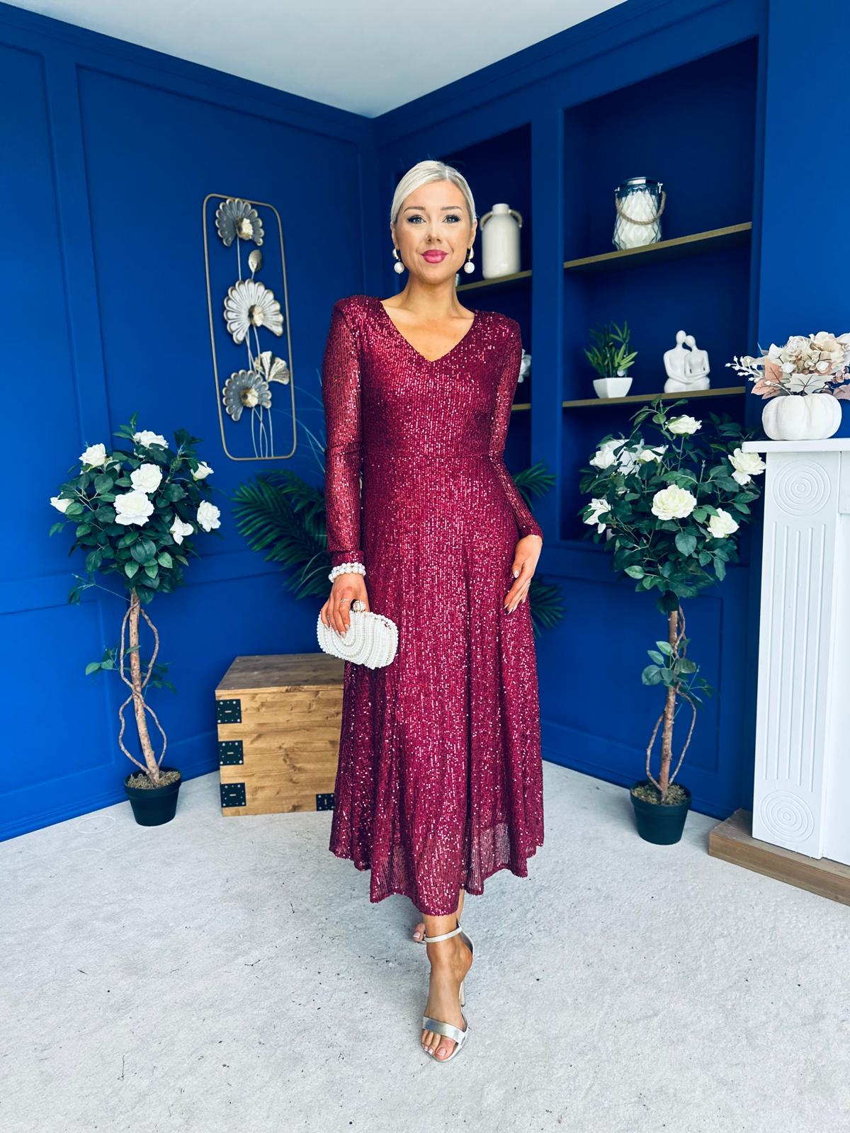 Emily Sequin Occasion Dress Burgundy